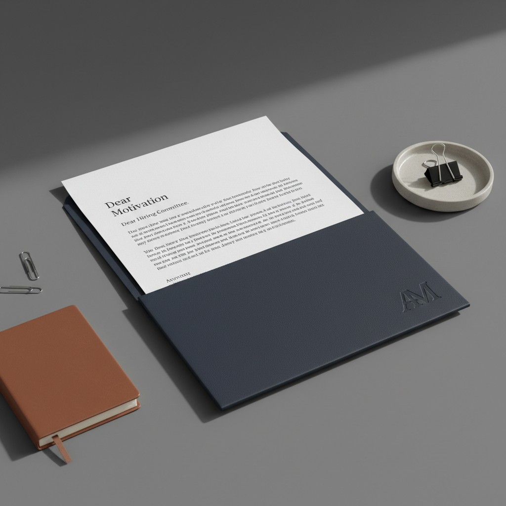 "Notebook, motivational letter, paper clip, and binder clip on grey background."